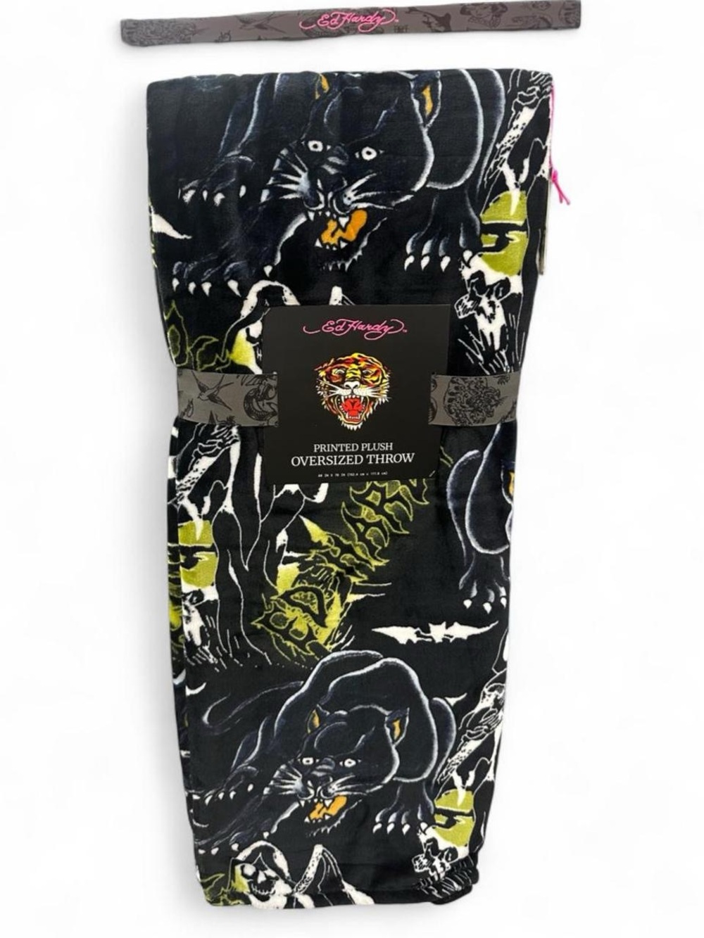 Ed Hardy Black Plush Panther Graphic Throw with Yellow Accents